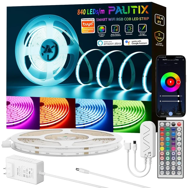 Main image of RGB COB LED Strip Light 16.4ft/5m,UL Listed 840LEDs/m 24V Color Changing LED Strip Lights,Compatible with Alexa/Google Assistant/Tuya Multicolor Flexible Tape Light for TV,Bedroom,Party
