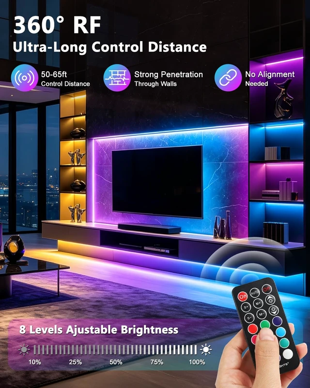 Alt view image 3 of 7 - 32.8ft LED Strip Lights,RGB 5050 Color Changing LED Light Kit Ultra Brighter 300LEDs Flexible Light Strips with RF Remote and UL Power Supply for Home Room Party TV Bedroom