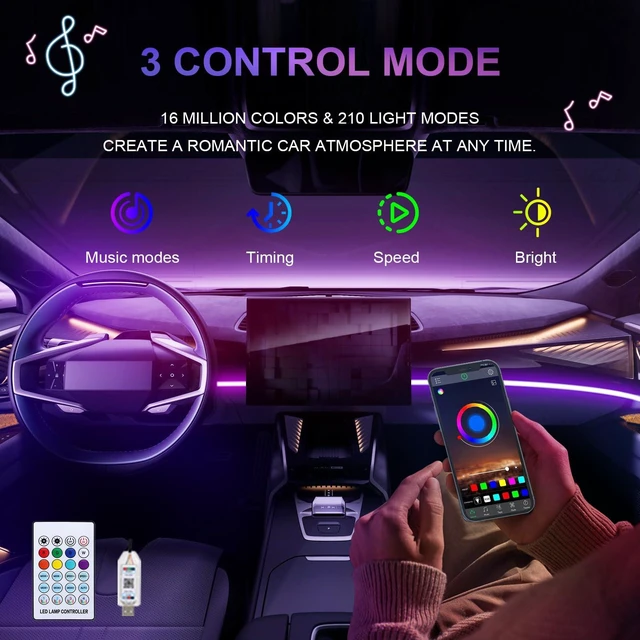 Alt view image 4 of 7 - 43.3in Acrylic LED Lights for Car, 146 LEDs RGB LED Strip Light | App Control, Music Sync Interior Car Lights for Women Men Gifts