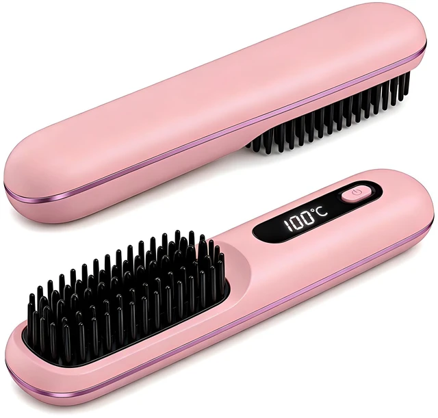 Main image of Go Brush Pro Cordless Hair Straightener Brush, Ionic Anti-Frizz | 300M Negative Ions, 4 Temp LCD, Fast Heating, Ceramic, 2000mAh USB-C Rechargeable, Travel & Game Day Ready, Pink
