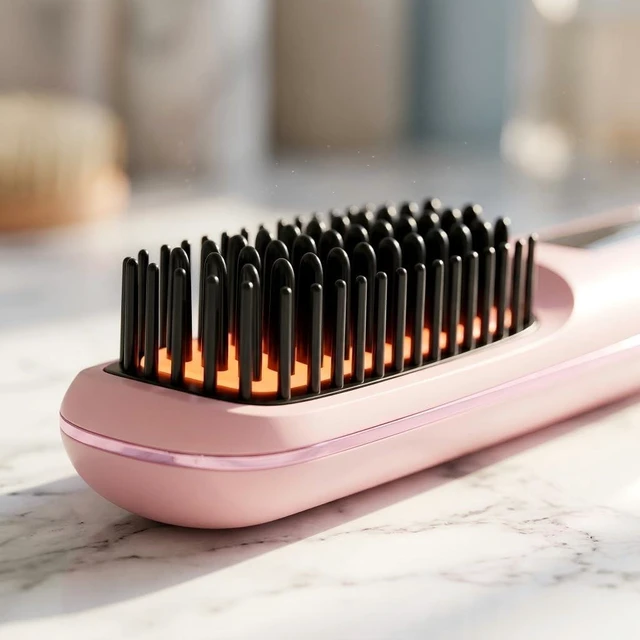 Alt view image 3 of 7 - Go Brush Pro Cordless Hair Straightener Brush, Ionic Anti-Frizz | 300M Negative Ions, 4 Temp LCD, Fast Heating, Ceramic, 2000mAh USB-C Rechargeable, Travel & Game Day Ready, Pink