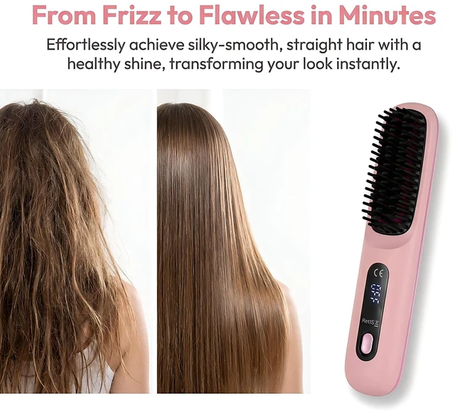 Alt view image 2 of 7 - Go Brush Pro Cordless Hair Straightener Brush, Ionic Anti-Frizz | 300M Negative Ions, 4 Temp LCD, Fast Heating, Ceramic, 2000mAh USB-C Rechargeable, Travel & Game Day Ready, Pink