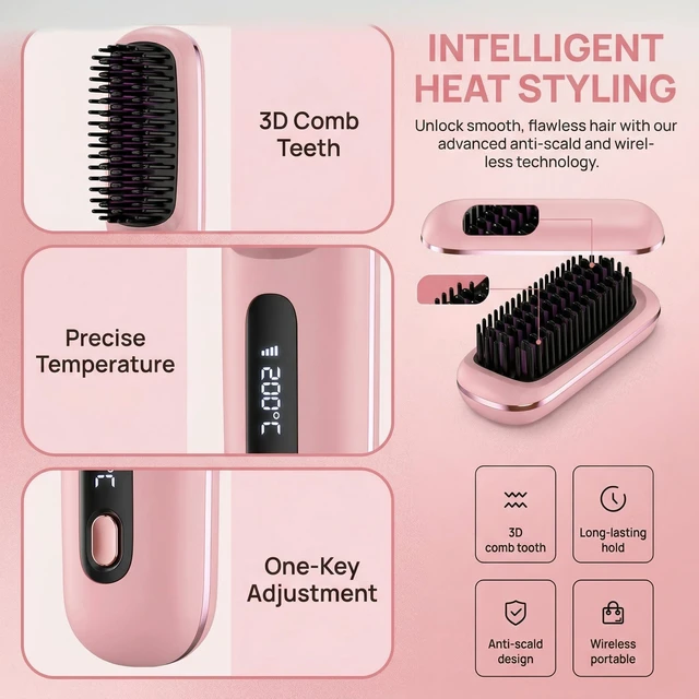 Alt view image 4 of 7 - Go Brush Pro Cordless Hair Straightener Brush, Ionic Anti-Frizz | 300M Negative Ions, 4 Temp LCD, Fast Heating, Ceramic, 2000mAh USB-C Rechargeable, Travel & Game Day Ready, Pink