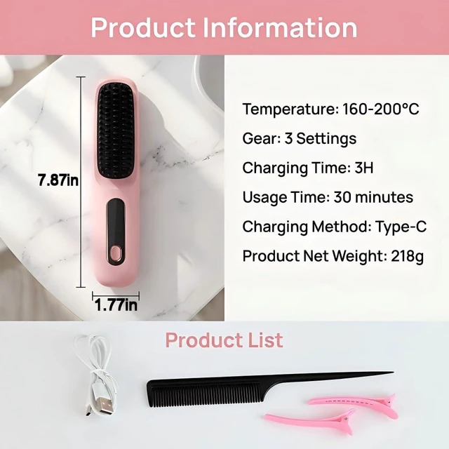 Alt view image 6 of 7 - Go Brush Pro Cordless Hair Straightener Brush, Ionic Anti-Frizz | 300M Negative Ions, 4 Temp LCD, Fast Heating, Ceramic, 2000mAh USB-C Rechargeable, Travel & Game Day Ready, Pink
