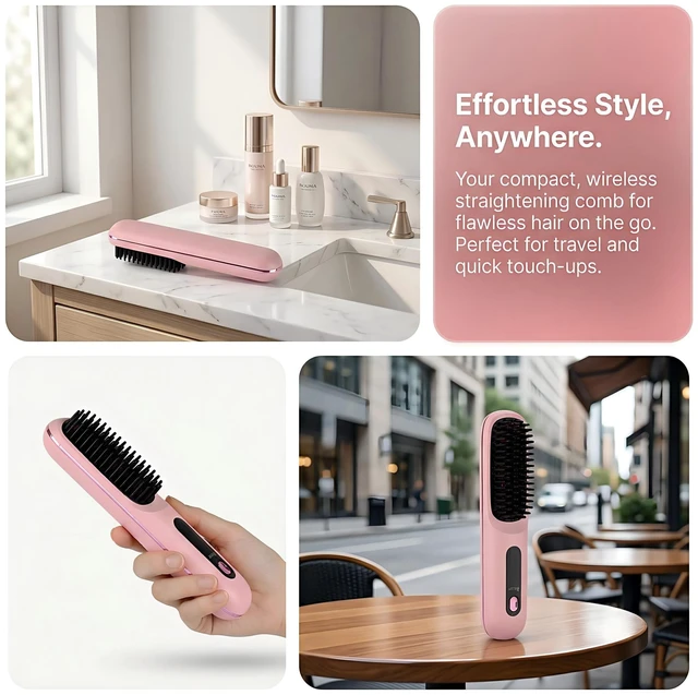 Alt view image 5 of 7 - Go Brush Pro Cordless Hair Straightener Brush, Ionic Anti-Frizz | 300M Negative Ions, 4 Temp LCD, Fast Heating, Ceramic, 2000mAh USB-C Rechargeable, Travel & Game Day Ready, Pink
