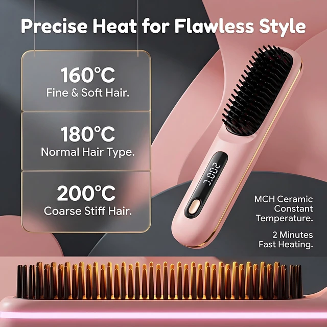 Alt view image 7 of 7 - Go Brush Pro Cordless Hair Straightener Brush, Ionic Anti-Frizz | 300M Negative Ions, 4 Temp LCD, Fast Heating, Ceramic, 2000mAh USB-C Rechargeable, Travel & Game Day Ready, Pink