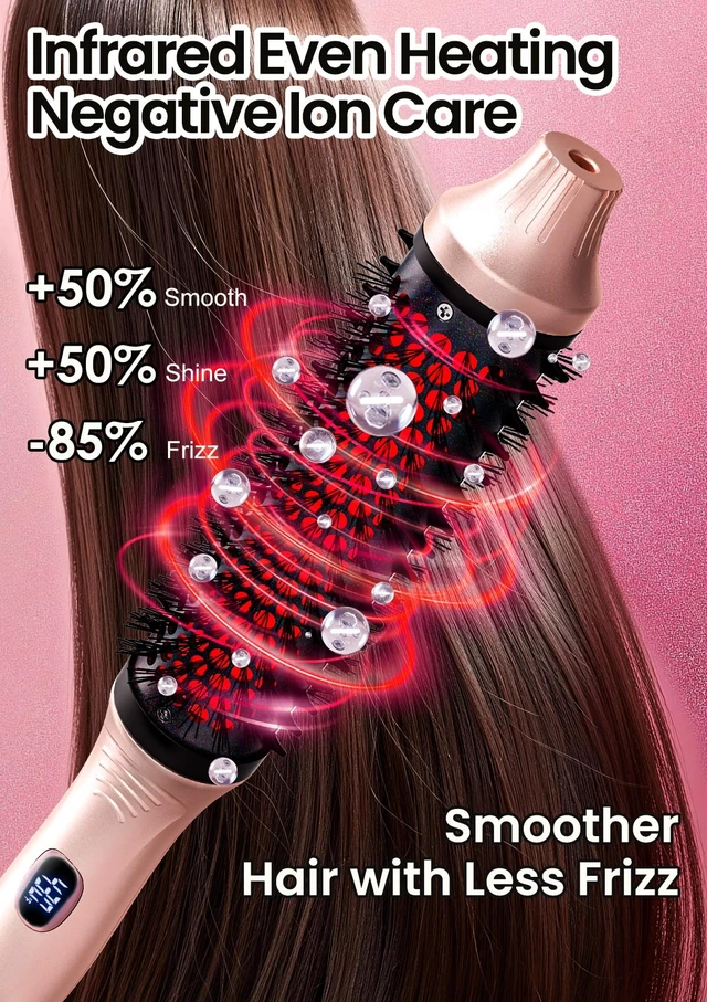 Alt view image 2 of 7 - Infrared Thermal Brush 1.65, 100M Negative Ions 2-in-1 Curling, Straightening & Smoothing Round Brush, 6 Heat Settings with LED Display, Lightweight Quiet, Dual Voltage, Auto Shut-Off, Pink Gift Box