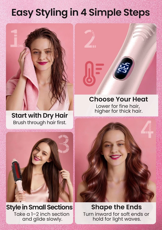 Alt view image 4 of 7 - Infrared Thermal Brush 1.65, 100M Negative Ions 2-in-1 Curling, Straightening & Smoothing Round Brush, 6 Heat Settings with LED Display, Lightweight Quiet, Dual Voltage, Auto Shut-Off, Pink Gift Box