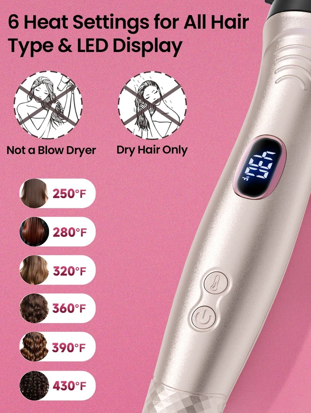 Alt view image 3 of 7 - Infrared Thermal Brush 1.65, 100M Negative Ions 2-in-1 Curling, Straightening & Smoothing Round Brush, 6 Heat Settings with LED Display, Lightweight Quiet, Dual Voltage, Auto Shut-Off, Pink Gift Box