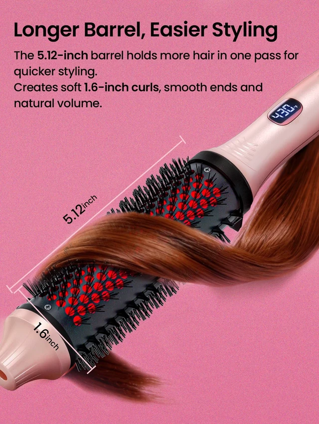 Alt view image 7 of 7 - Infrared Thermal Brush 1.65, 100M Negative Ions 2-in-1 Curling, Straightening & Smoothing Round Brush, 6 Heat Settings with LED Display, Lightweight Quiet, Dual Voltage, Auto Shut-Off, Pink Gift Box