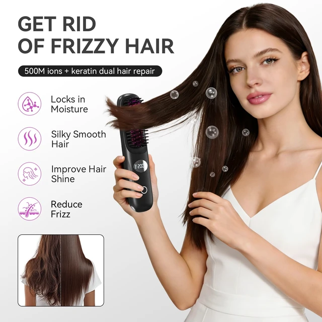 Alt view image 3 of 7 - Go Brush Pro 2026 Negative Ionic Cordless Hair Straightener Brush Fast Heating Ceramic Brush for Women Portable Straightener Brush Smooth Frizz Free Hair Brush CP-S8