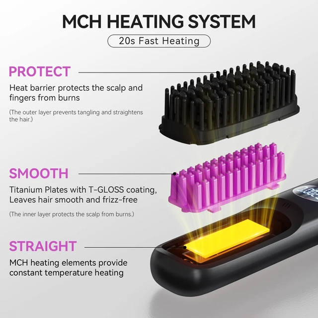 Alt view image 4 of 7 - Go Brush Pro 2026 Negative Ionic Cordless Hair Straightener Brush Fast Heating Ceramic Brush for Women Portable Straightener Brush Smooth Frizz Free Hair Brush CP-S8