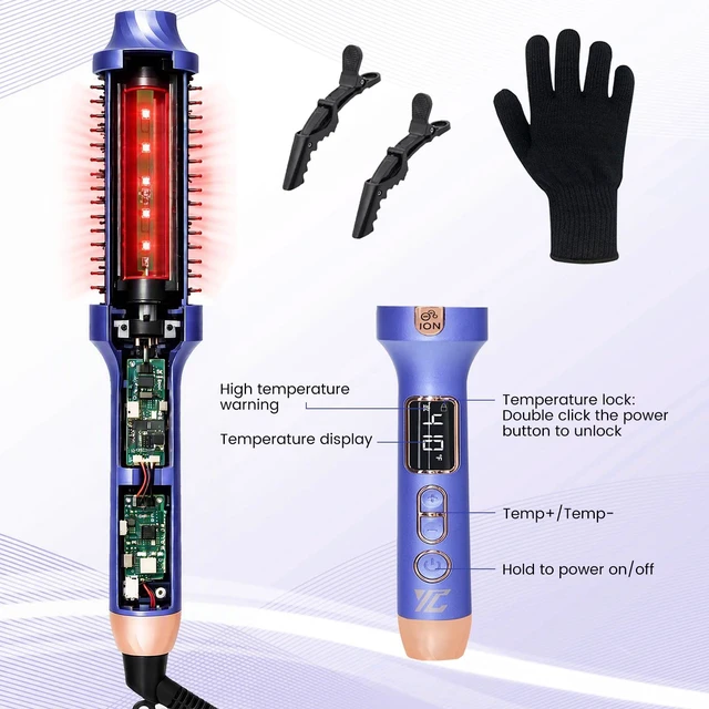 Alt view image 6 of 7 - Infrared Heated Round Brush 1.5" Blowout Styler 5 Heat 300-410°F | Ceramic Ionic Barrel, Fine Medium Hair, Dual Voltage Travel, Heat Glove Clips Pouch, Non Blow Dry