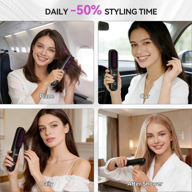 Alt view image 7 of 7 - Go Brush Pro 2026 Negative Ionic Cordless Hair Straightener Brush Fast Heating Ceramic Brush for Women Portable Straightener Brush Smooth Frizz Free Hair Brush CP-S8
