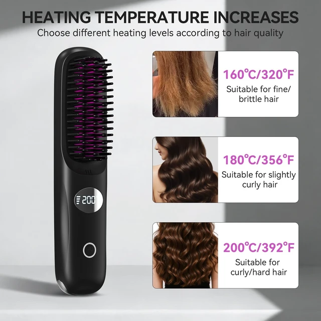 Alt view image 2 of 7 - Go Brush Pro 2026 Negative Ionic Cordless Hair Straightener Brush Fast Heating Ceramic Brush for Women Portable Straightener Brush Smooth Frizz Free Hair Brush CP-S8