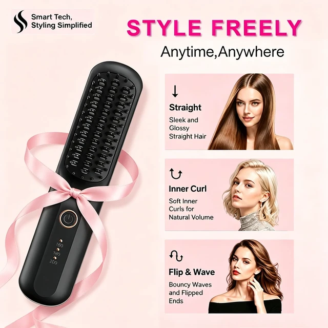 Alt view image 2 of 7 - 2026 Cordless Anti-Frizz Hot Hair Brush Quick Styling for On-the-Go | Fast Heat, Ionic & Ceramic Hair Care with 3 Adjustable Heat Settings, Type-C