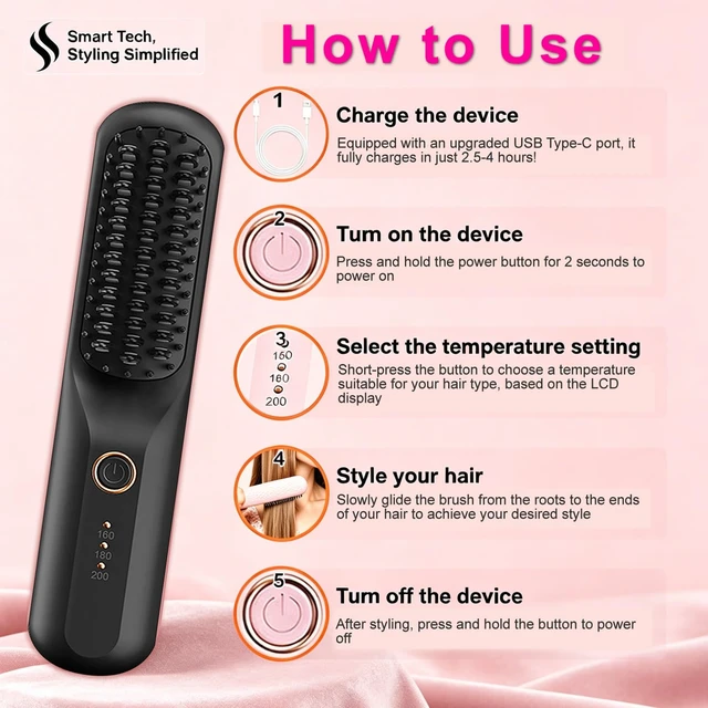 Alt view image 7 of 7 - 2026 Cordless Anti-Frizz Hot Hair Brush Quick Styling for On-the-Go | Fast Heat, Ionic & Ceramic Hair Care with 3 Adjustable Heat Settings, Type-C