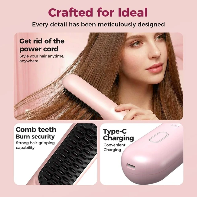 Alt view image 3 of 7 - Go Brush - Pro for Short Hair - 2026 Upgraded Cordless Straightening Brush with 30s Fast Heat, 3 Temperature Settings, Ionic & Ceramic Care, 2500mAh USB-C Rechargeable for Frizz-Free Styling