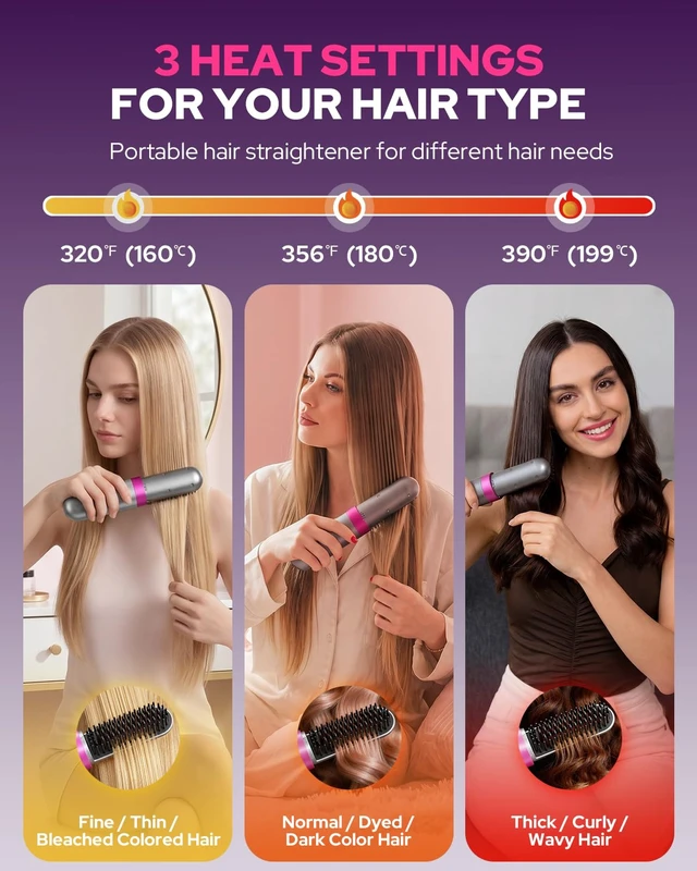 Alt view image 4 of 7 - Cordless Hair Straightener, Portable Travel Ionic Hair Straightening Brush | 3 Temp Settings, MCH Ceramic Fast Heating for Smooth Hair, Rechargeable Battery, Anti-Scald