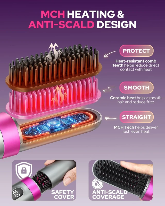 Alt view image 5 of 7 - Cordless Hair Straightener, Portable Travel Ionic Hair Straightening Brush | 3 Temp Settings, MCH Ceramic Fast Heating for Smooth Hair, Rechargeable Battery, Anti-Scald