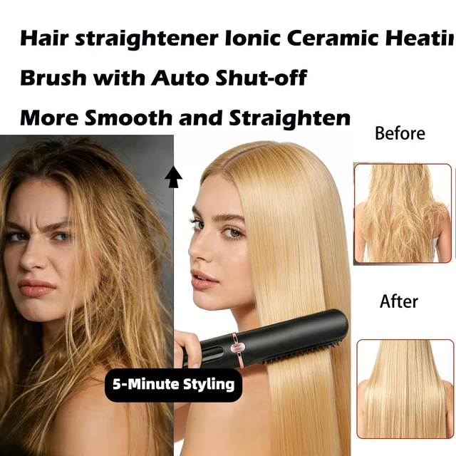 Alt view image 3 of 7 - Cordless Hair Straightener Brush, Fast Heating 4500mAh Portable Hot Brush with Ionic Technology, 320-390 Adjustable Heat, Anti-Scald, Auto Shut-Off for Travel & Touch-Ups, Ideal for Women & Girls