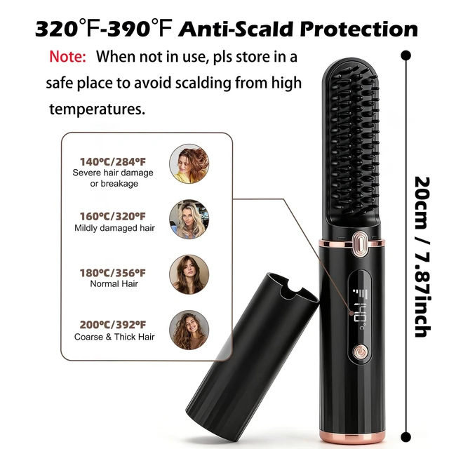 Alt view image 4 of 7 - Cordless Hair Straightener Brush, Fast Heating 4500mAh Portable Hot Brush with Ionic Technology, 320-390 Adjustable Heat, Anti-Scald, Auto Shut-Off for Travel & Touch-Ups, Ideal for Women & Girls