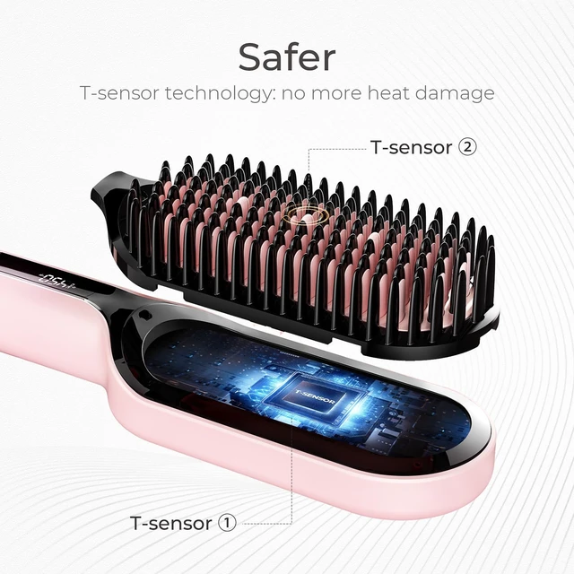 Alt view image 2 of 7 - Hair Straightener Brush - Ionic Plus Straightening Brush for Women | Ceramic Hot Comb Straightener Brush, Dense Bristles, 16 Temps, Dual Voltage, Flat Iron for Curly Hair, Pink, 2.4 Inch