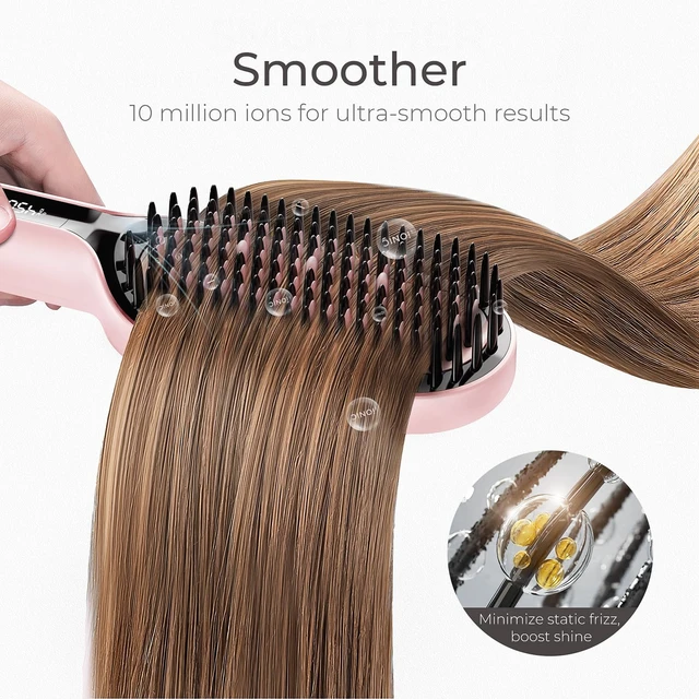 Alt view image 5 of 7 - Hair Straightener Brush - Ionic Plus Straightening Brush for Women | Ceramic Hot Comb Straightener Brush, Dense Bristles, 16 Temps, Dual Voltage, Flat Iron for Curly Hair, Pink, 2.4 Inch
