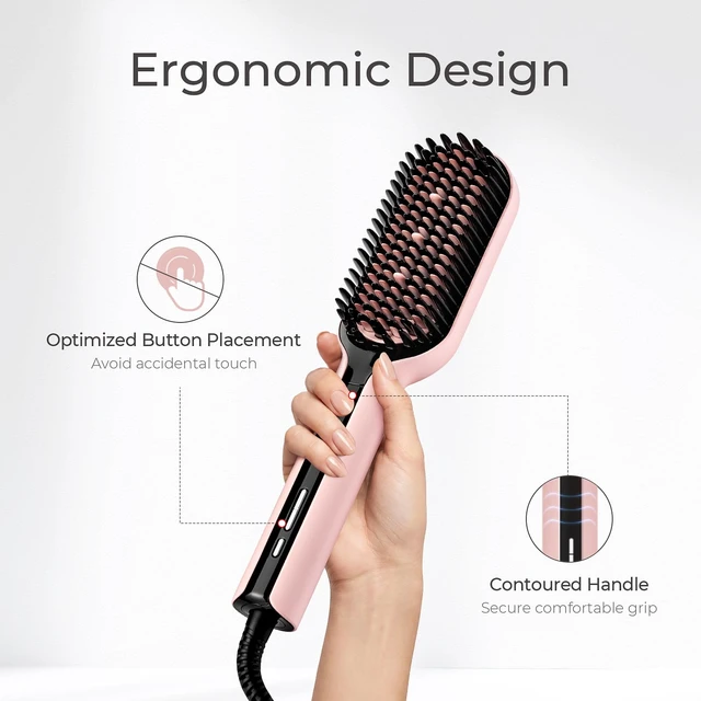 Alt view image 6 of 7 - Hair Straightener Brush - Ionic Plus Straightening Brush for Women | Ceramic Hot Comb Straightener Brush, Dense Bristles, 16 Temps, Dual Voltage, Flat Iron for Curly Hair, Pink, 2.4 Inch