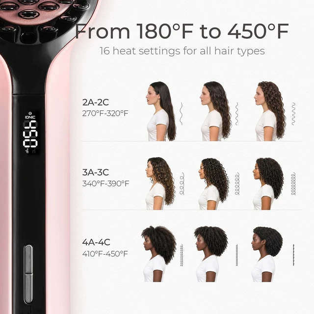 Alt view image 7 of 7 - Hair Straightener Brush - Ionic Plus Straightening Brush for Women | Ceramic Hot Comb Straightener Brush, Dense Bristles, 16 Temps, Dual Voltage, Flat Iron for Curly Hair, Pink, 2.4 Inch