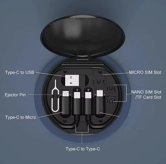 Alt view image 2 of 7 - Multi USB Charging Adapter Kit, USB-C to iOS/Micro, Data Transfer, Card Storage, SIM Pin, Phone Holder, Type-C Converter Set A, Compact Portable Travel Cable Box Black
