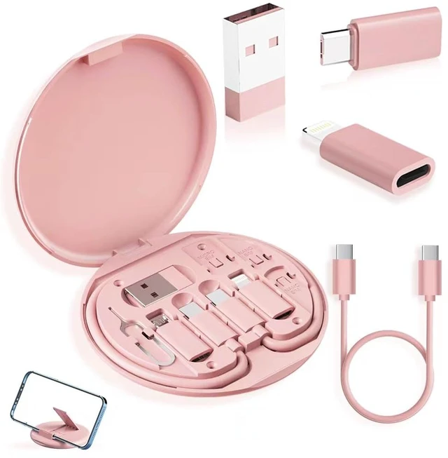 Main image of USB Adapter Kit, USB C Travel Organizer Case with Phone Stand, Pink | Micro-USB and Lightning-Compatible Connectors, SIM Card Storage, Eject Pin, Charging and Data Functions Vary by Device