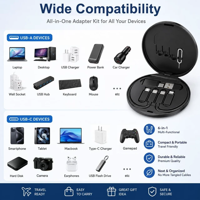 Alt view image 5 of 7 - USB C to Micro USB Adapter Kit, USB C to USB 3.0 OTG Adapter | 6 in 1 USB C Charger Cable Travel Kit,Type C to iOS Converter Set with 1Ft 65W Fast Charging Cable, Eject Pin & Card Storage