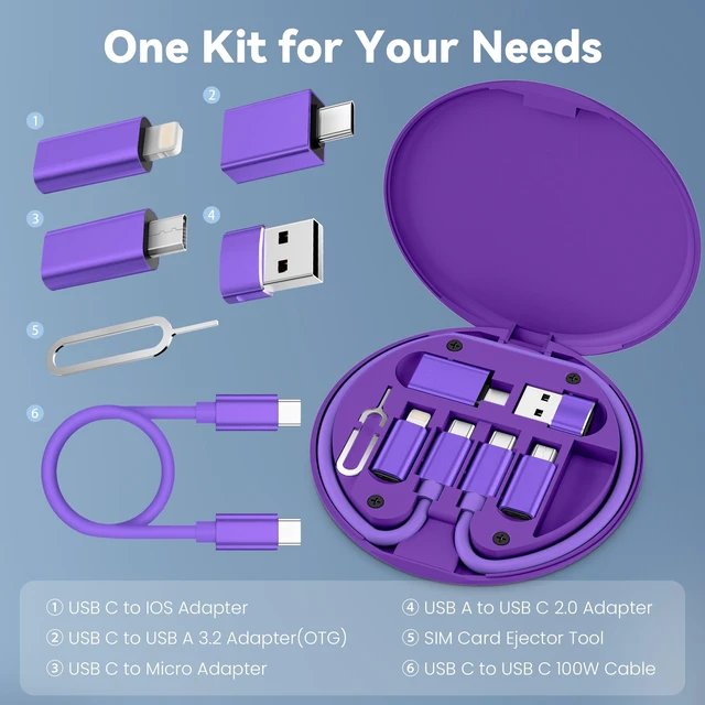Alt view image 2 of 7 - Multi USB C Adapter Cable Kit,Portable Travel USB Adapter Set | (6 in 1) Portable Travel Case,1FT 100W Charging cord,USB3.2 OTG,USBC to iOS Micro converter for iPhone 18 Pro Duo,Samsung S25