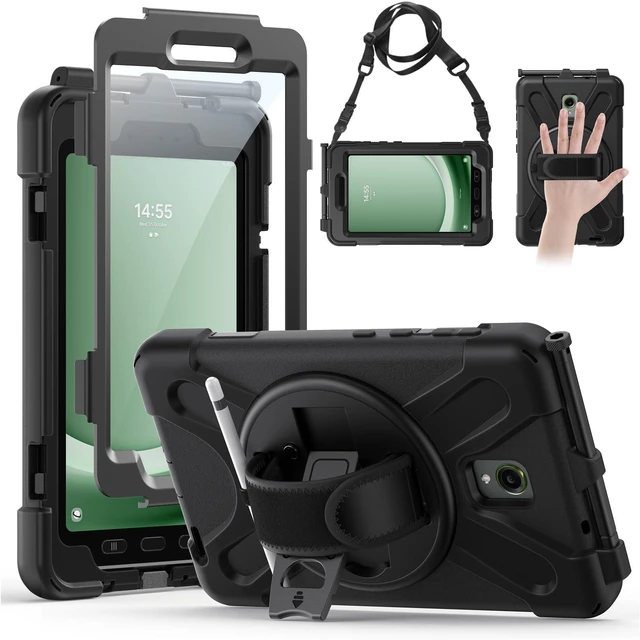 Main image of Case for Samsung Galaxy Tab Active 5 2024/Active 3 2021 8" Black | Heavy Duty Shockproof Drop Protection Case with Screen Protector, 360° Rotating Stand, Handle/Shoulder Strap, Pencil Holder
