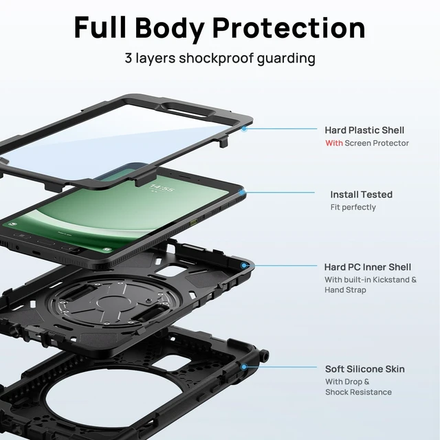 Alt view image 4 of 7 - Case for Samsung Galaxy Tab Active 5 2024/Active 3 2021 8" Black | Heavy Duty Shockproof Drop Protection Case with Screen Protector, 360° Rotating Stand, Handle/Shoulder Strap, Pencil Holder
