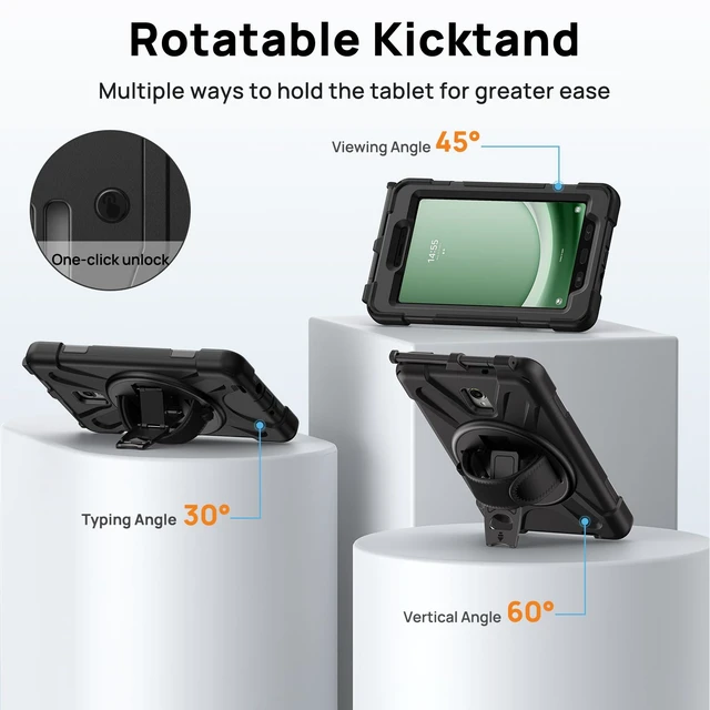 Alt view image 6 of 7 - Case for Samsung Galaxy Tab Active 5 2024/Active 3 2021 8" Black | Heavy Duty Shockproof Drop Protection Case with Screen Protector, 360° Rotating Stand, Handle/Shoulder Strap, Pencil Holder
