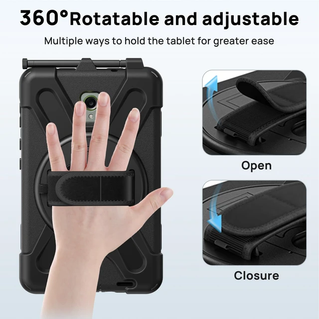 Alt view image 7 of 7 - Case for Samsung Galaxy Tab Active 5 2024/Active 3 2021 8" Black | Heavy Duty Shockproof Drop Protection Case with Screen Protector, 360° Rotating Stand, Handle/Shoulder Strap, Pencil Holder