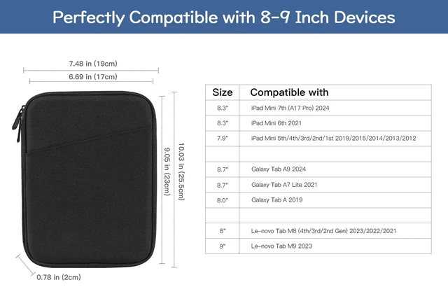 Alt view image 2 of 7 - 8-9 Inch Tablet Sleeve Bag Carrying Case, Black | Fits iPad mini 7th/6th 8.3", iPad mini 7.9", Galaxy Tab A7 Lite/A9 8.7", Remarkable Paper Pro Move 7.3" 2025, Tab M9/M8