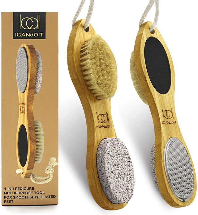 Main image of 4 in 1 Bamboo Foot File Callus Remover Pedicure Scrubber Brush | Natural Bamboo, Stainless Steel, Pumice Stone, Boar Bristles, Exfoliating, Callus Removing, Smooth Heel Care