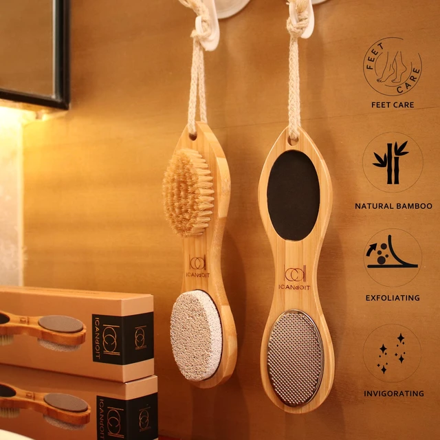 Alt view image 2 of 7 - 4 in 1 Bamboo Foot File Callus Remover Pedicure Scrubber Brush | Natural Bamboo, Stainless Steel, Pumice Stone, Boar Bristles, Exfoliating, Callus Removing, Smooth Heel Care