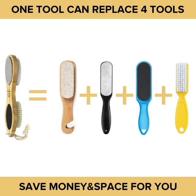 Alt view image 3 of 7 - 4 in 1 Bamboo Foot File Callus Remover Pedicure Scrubber Brush | Natural Bamboo, Stainless Steel, Pumice Stone, Boar Bristles, Exfoliating, Callus Removing, Smooth Heel Care