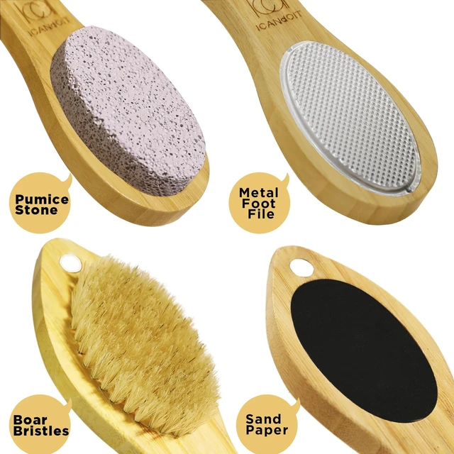 Alt view image 4 of 7 - 4 in 1 Bamboo Foot File Callus Remover Pedicure Scrubber Brush | Natural Bamboo, Stainless Steel, Pumice Stone, Boar Bristles, Exfoliating, Callus Removing, Smooth Heel Care