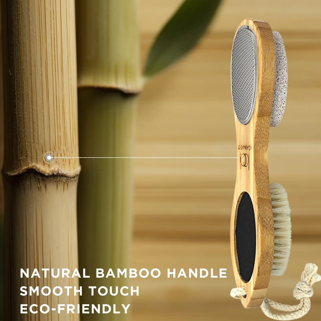 Alt view image 6 of 7 - 4 in 1 Bamboo Foot File Callus Remover Pedicure Scrubber Brush | Natural Bamboo, Stainless Steel, Pumice Stone, Boar Bristles, Exfoliating, Callus Removing, Smooth Heel Care
