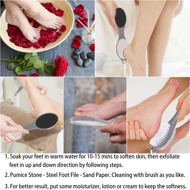 Alt view image 4 of 5 - 2 Pcs 4 in 1 Foot Scrubber Dead Skin Remover for Feet, Including Foot Files, Heel Scraper, Foot Brush and Pumice Stone, Multi Purpose Foot Callus Remover Pedicure Tools