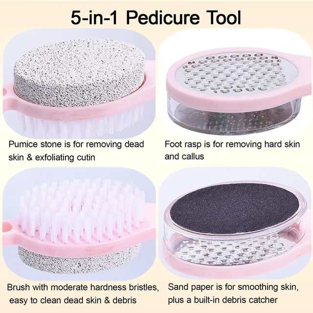 Alt view image 2 of 7 - Foot Scrubber Brush with Pumice Stone for Feet Callus Remover Pedicure Tool | 5-in-1 Foot File Dead Skin Remover, Stainless Steel Heel Scraper Shower Brush and Sand Paper Debris Catcher