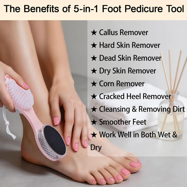 Alt view image 4 of 7 - Foot Scrubber Brush with Pumice Stone for Feet Callus Remover Pedicure Tool | 5-in-1 Foot File Dead Skin Remover, Stainless Steel Heel Scraper Shower Brush and Sand Paper Debris Catcher