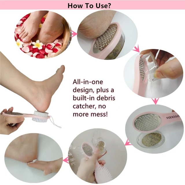 Alt view image 6 of 7 - Foot Scrubber Brush with Pumice Stone for Feet Callus Remover Pedicure Tool | 5-in-1 Foot File Dead Skin Remover, Stainless Steel Heel Scraper Shower Brush and Sand Paper Debris Catcher