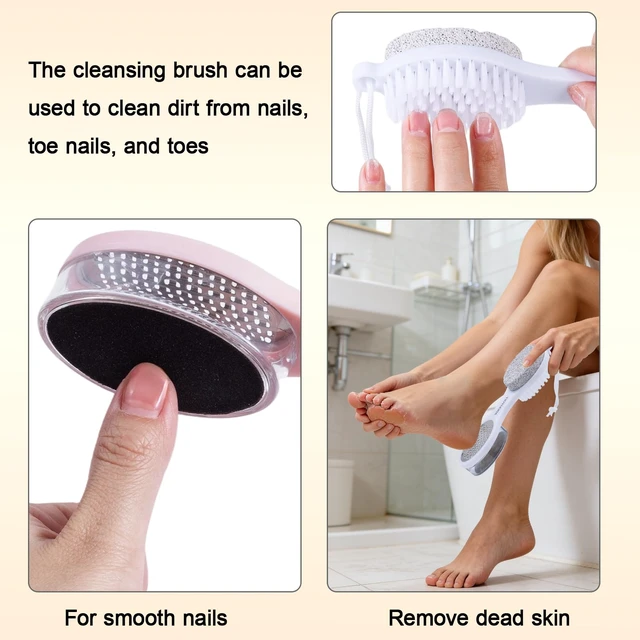 Alt view image 7 of 7 - Foot Scrubber Brush with Pumice Stone for Feet Callus Remover Pedicure Tool | 5-in-1 Foot File Dead Skin Remover, Stainless Steel Heel Scraper Shower Brush and Sand Paper Debris Catcher