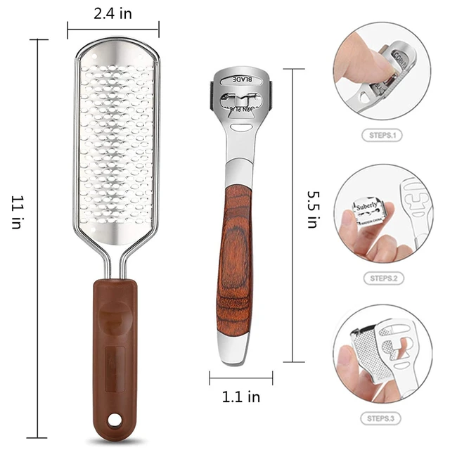 Alt view image 4 of 6 - 2 Pack Pedicure Kit, Foot File Callus Remover, Heel Scraper for Feet | Stainless Steel Foot Rasp & Wood Handle Callus Shaver (10 Replacements and 1 File Foot Head), Callus Remover for Feet
